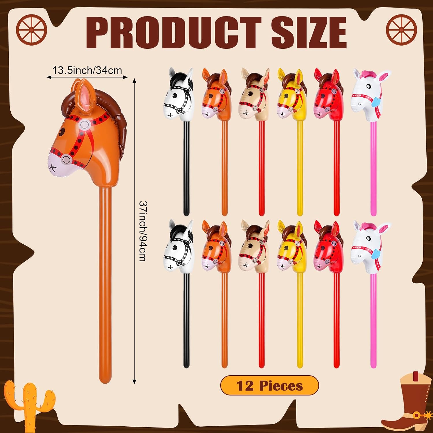 OBANGONG 12 Pcs Inflatable Stick Horse Large Horse Head Stick Balloon Blow Up Pony Toys Colorful Riding Horse Stick for Birthday Cowboy Party Supplies (Black Pink Red) image 2