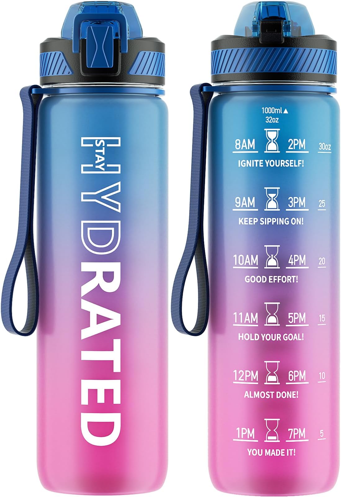 QLUR Water Bottle with Straw, 1L Drinks Bottle with Time Markings-Tritan BPA Free-Sports Water Bottle Leakproof with Lock Cover, Motivational Water Bottles for Gym, Hiking, Fitness, Yoga (1 Bottle)