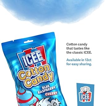 ICEE Cotton Candy Display Case | 3oz Bags | 12 Count | Blue Raspberry & Cherry | Soft, Fluffy Carnival Candy | Perfect for Parties, Events & Gifts