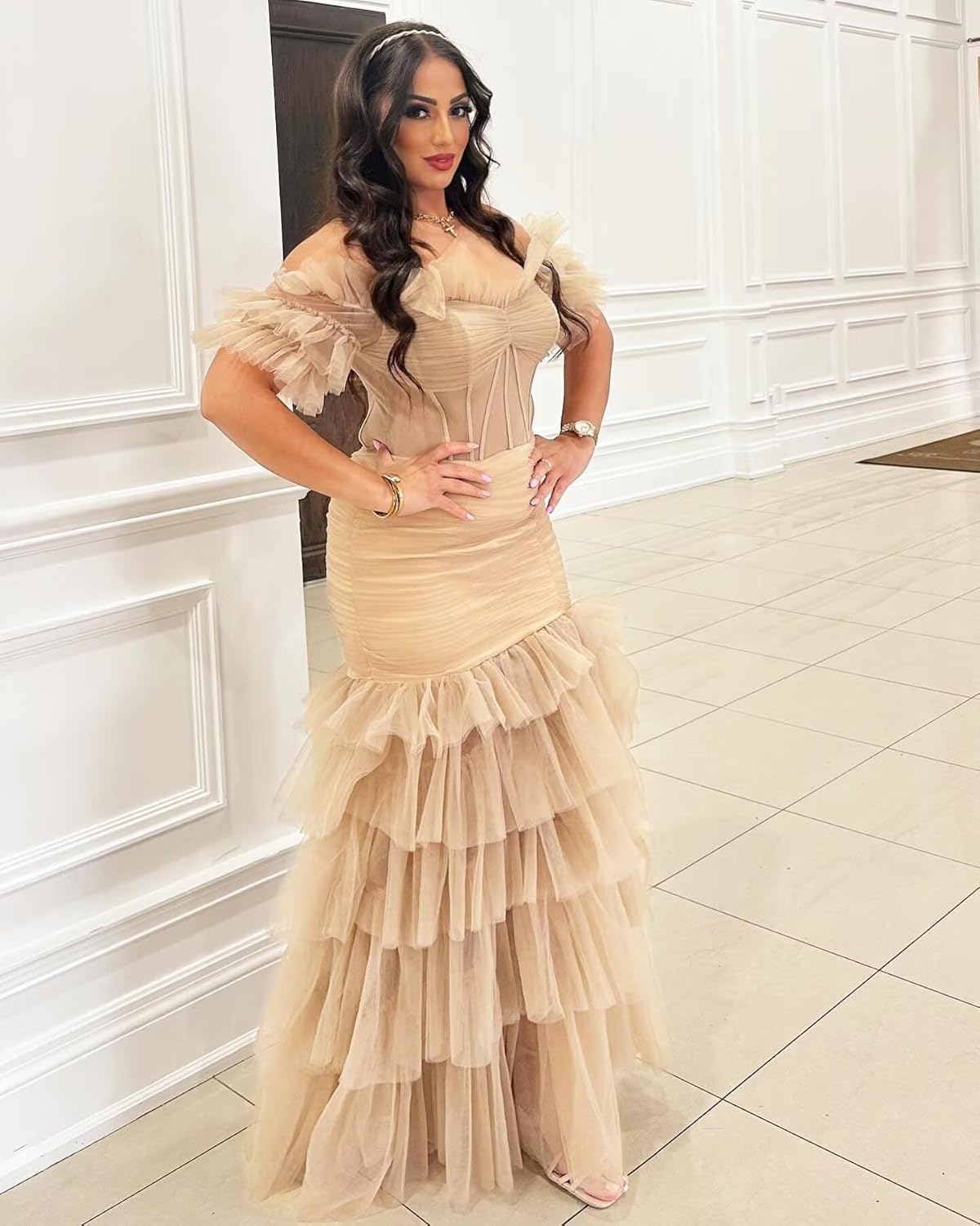 Off Shoulder Tiered Tulle Prom Dresses Long Mermaid Ruffle Slit Formal Evening Party Gowns