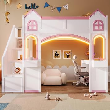 KLMM Full Size Wood Castle Loft Bed with Storage Staircase, Desk, Windows, Shelves and LED Light,for Kids Teens Adults Use White+Light Pink-sd, Full