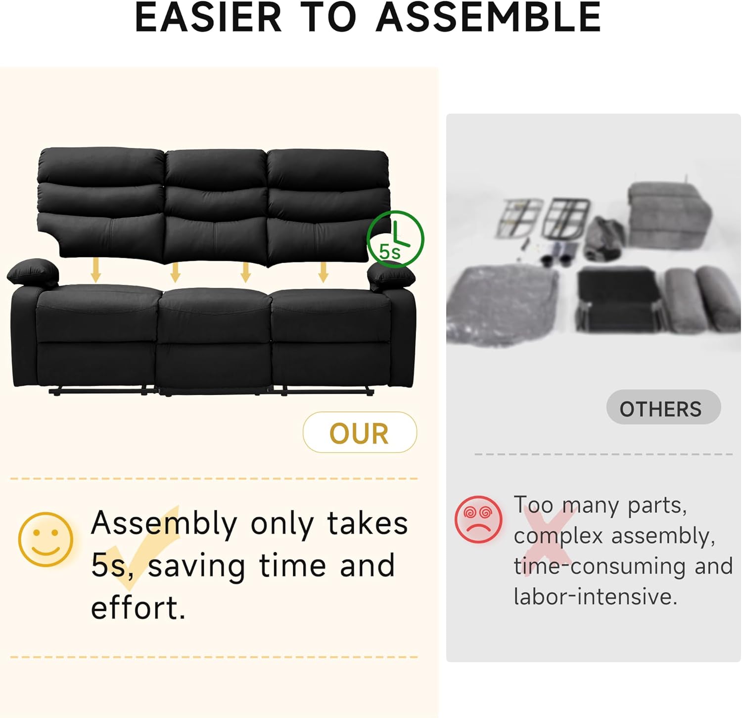 Loveseat Recliner Sofa Set, Small Leather Couch 3-Seater Manual Seater Recliner, Triple Reclining Chair for Living Room, RV, Home Theater Seating(Black, 3 Seater Sofa)