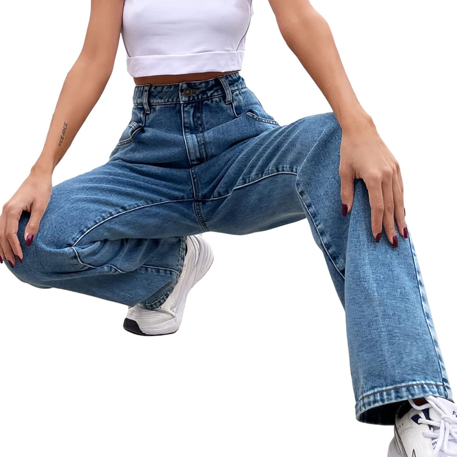 Women Vintage Baggy Jeans High Waist Straight Leg Grunge Boyfriend Denim Pants Streetwear