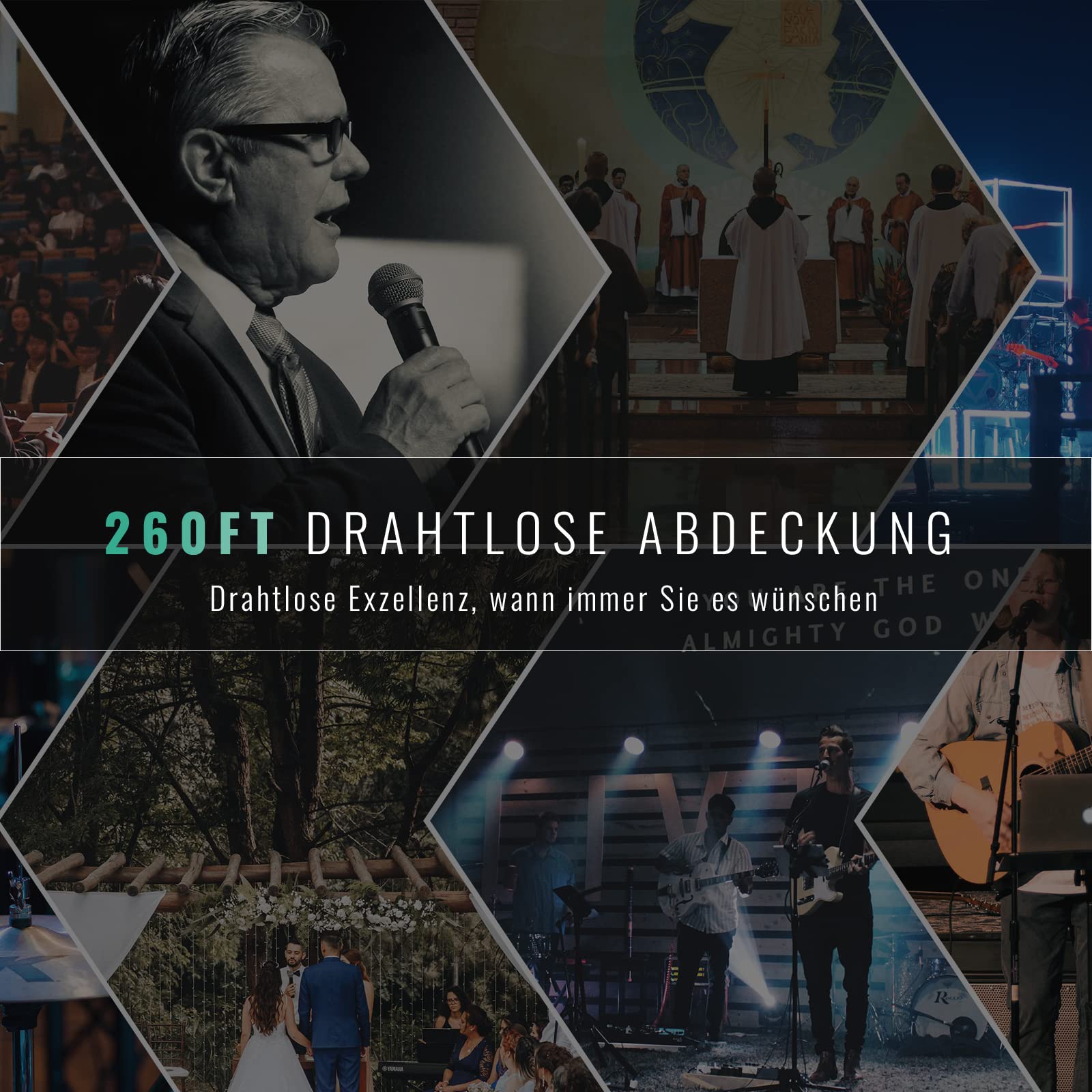 Phenyx Pro Drahtloses Mikrofonsystem, 8-Kanal UHF kabelloses Mikrofon mit Metall-Handmikrofonen, dynamisches Festfrequenz-Mikrofon für Karaoke, Kirche, Gesang, DJ, 260ft Reichweite (PTU-4000-8H)