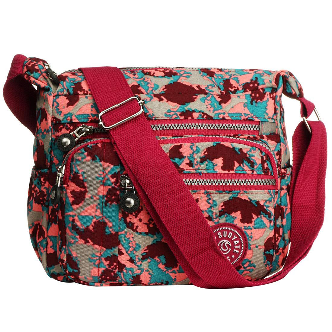 Womens Multi Pocket Casual Cross Body Bag, Nylon Waterproof Shoulder Bag Messenger Bag Lightweight Handbag Travel Bag (Camo Red), Camo Red-image-42