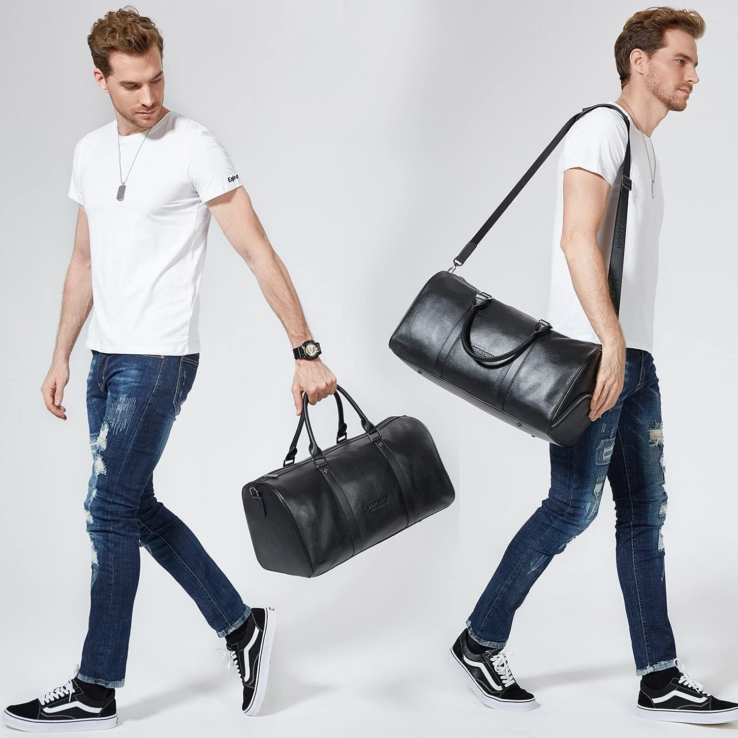 BOSTANTEN Genuine Leather Travel Weekender Overnight Duffel Bag Gym Sports Duffle Bags For Men and Men's Leather Ratchet Dress Belt with Automatic Sliding Buckle