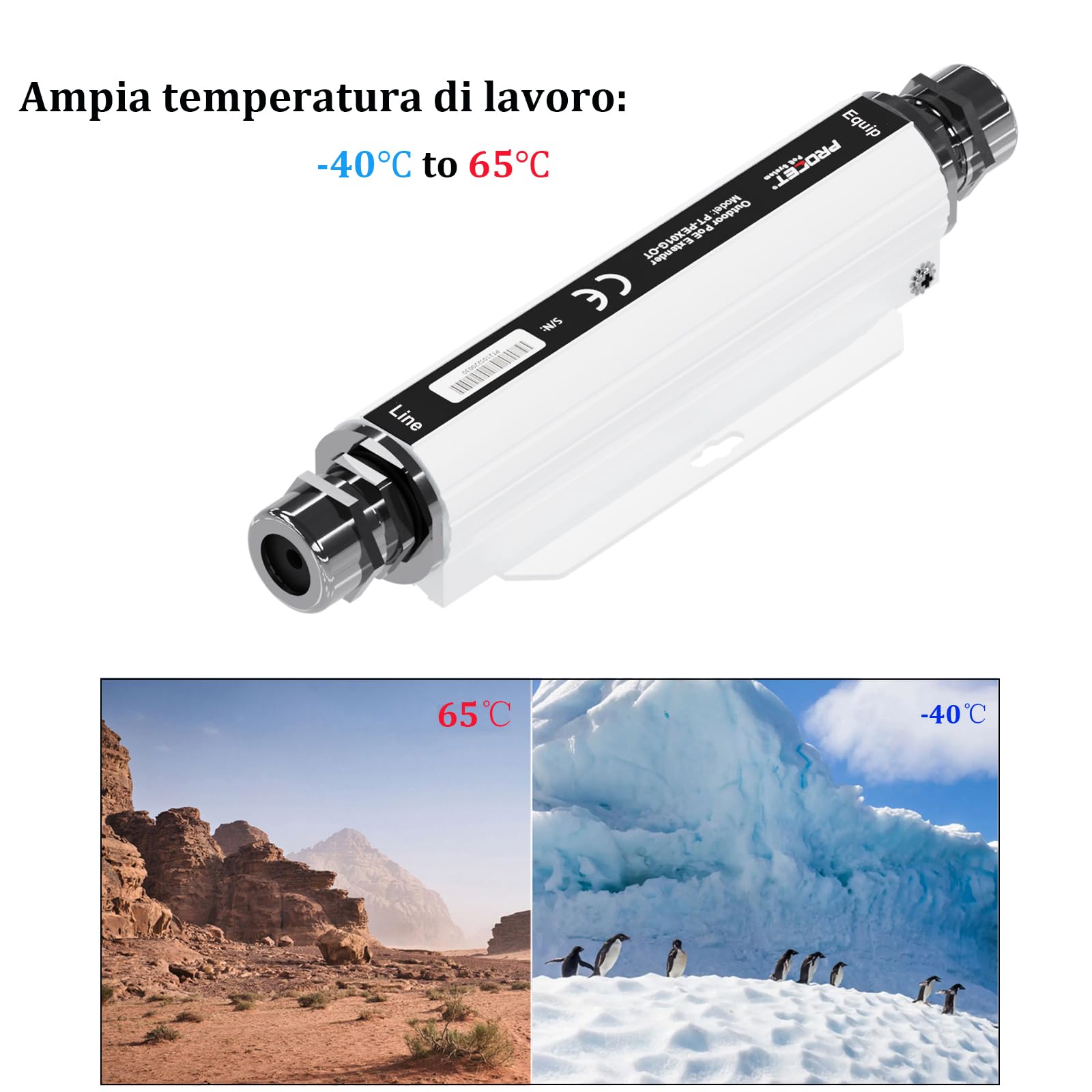 PROCET 10KV PoE Surge Protector Outdoor Gigabit Fino a 60W, 40℃ a 65℃, Lega di Alluminio IP67 Impermeabile Ethernet Thunder Surge Arrestor, PT-PR01G-OT