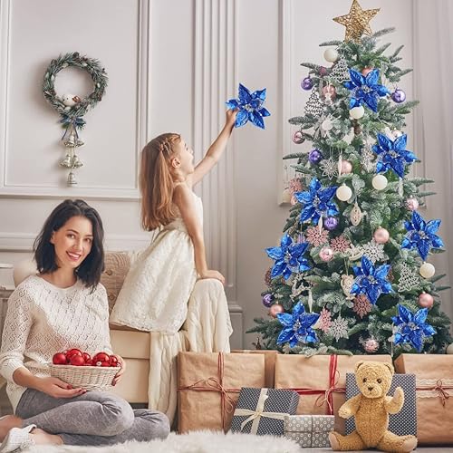 Miniatura 6 de AOKE 16 piezas de flores de Pascua azules artificiales con purpurina para decoración de Navidad con clips, decoraciones grandes de Navidad para
