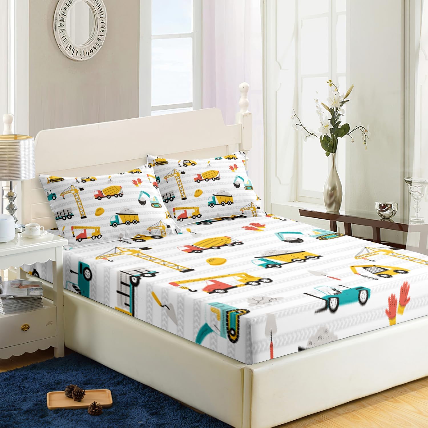 AILONEN Excavator Fitted Sheet Set Twin XL Size, Construction Car Bed Sheet Set,Cartoon Equipment Truck Sheets Set,Breathable Kids Excavator Bed Sheet Sets 3 Pieces, 1 Fitted Sheet and 2 Pillowcases