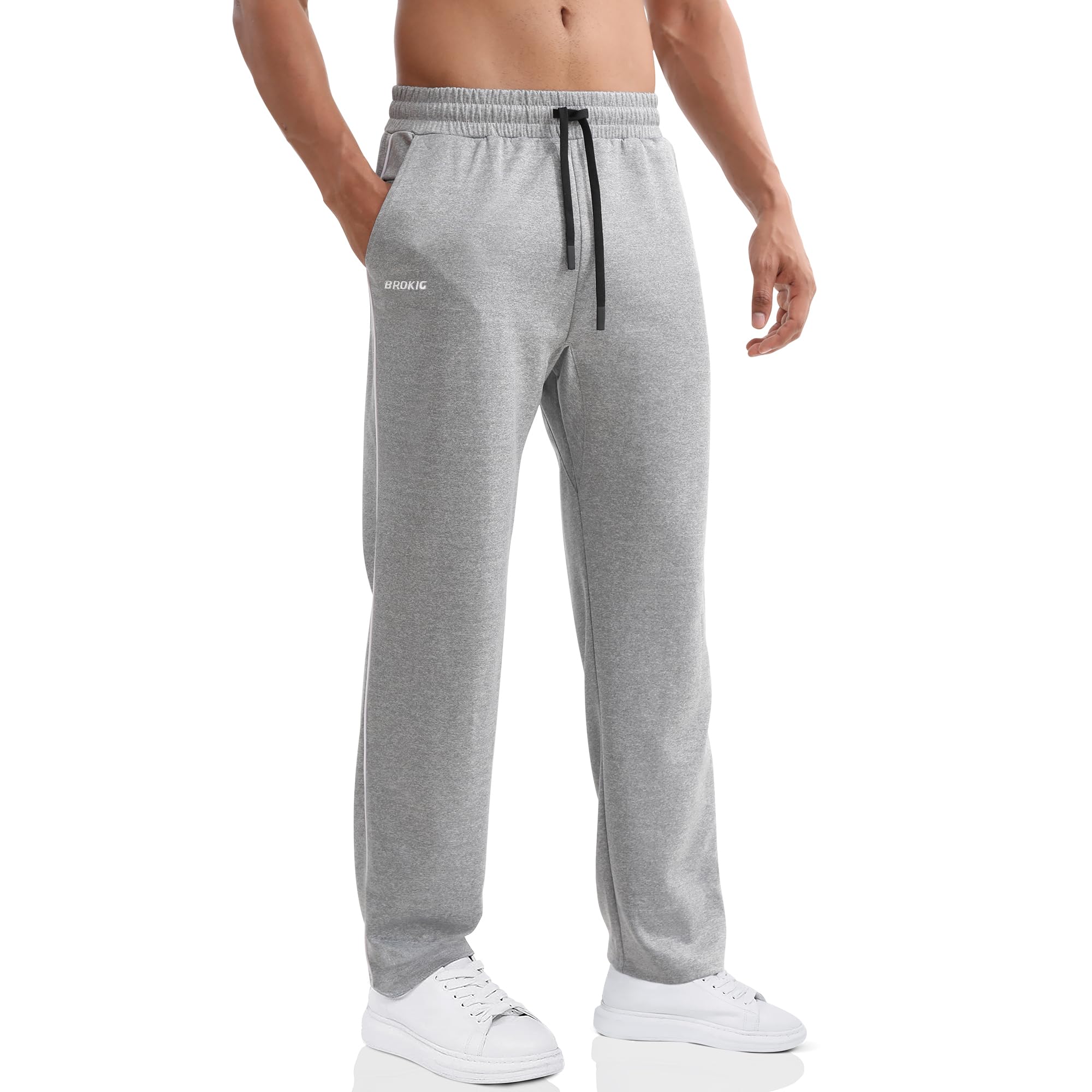 BROKIG Gerade Hose Trainingshose Sporthose Herren Lang | Loser Passform Freizeithose Herren, Open Bottom Joggers, Training Jogginghose Herren mit Reißverschluss Taschen