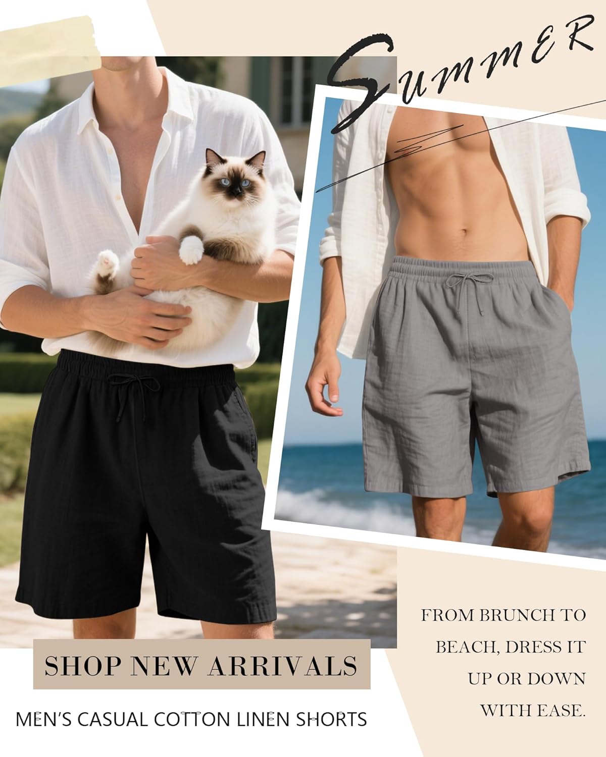 3 Pack Men's Cotton Linen 9" Inseam Shorts Drawstring Elastic Waist Beach Casual Summer Bermuda with Pockets - Image 2