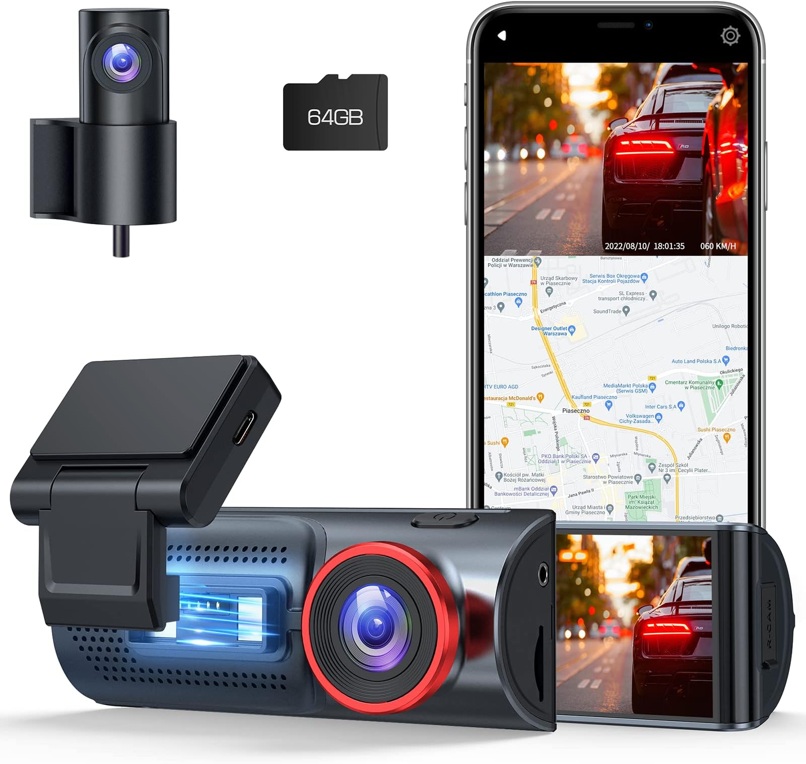 LAMTTO 4K Dash Cam Front and Rear, Built-in WiFi GPS Car Camera Touch Screen 4K/2.5K+1080P Dash Camera for Cars Night Vision, Capacitor,64GB Memory Card, Gesture Sensor