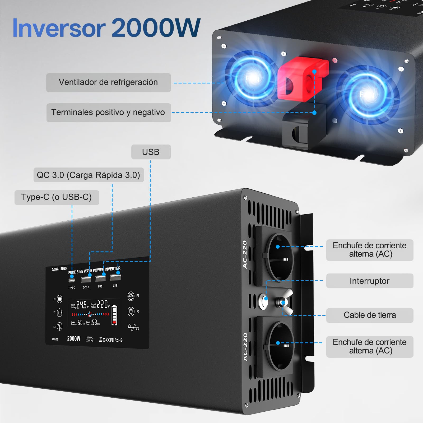 DATOUBOSS Inversor 24V 220V 2000W Onda Pura, Convertidor 4000W(Pico) con 2 Enchufes de la UE, Transformador con 4 USB (1xQC3.0, 1xUSB-C, 2xUSB-A), Pantalla LCD,Mando a Distancia,para Coches Camiones