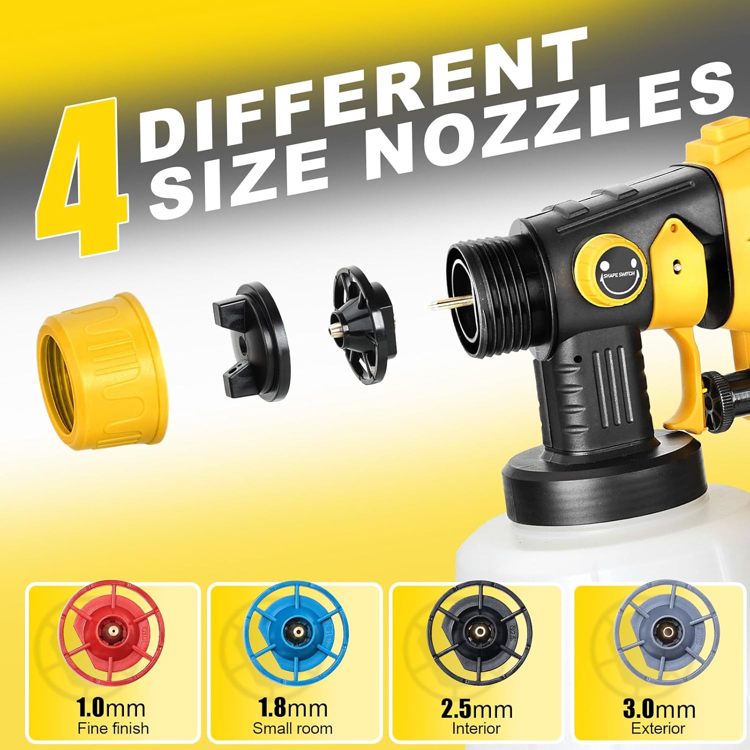 Paint Sprayer, 850W HVLP Spray Gun with Cleaning & Blowing Joints, 4 Nozzles and 3 Patterns, Easy to Clean, for Furniture, Cabinets, Fence, Walls, Door, Garden (Yellow)