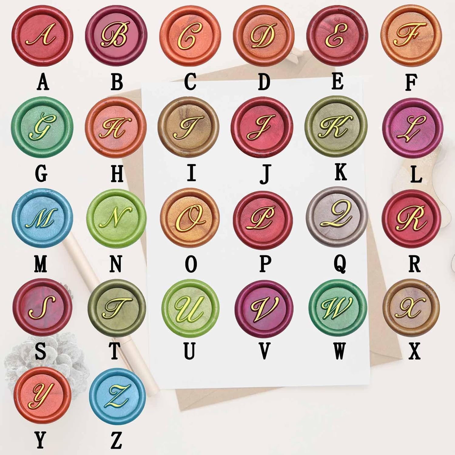Letter A-Z Wax Seal Stamp Set - 26 Pieces Mini Initial Sealing Wax Stamp, 0.47 Inch/12mm Brass Capital Letter with 2 X Black Handle for Party Invitations, Envelopes, and Letters