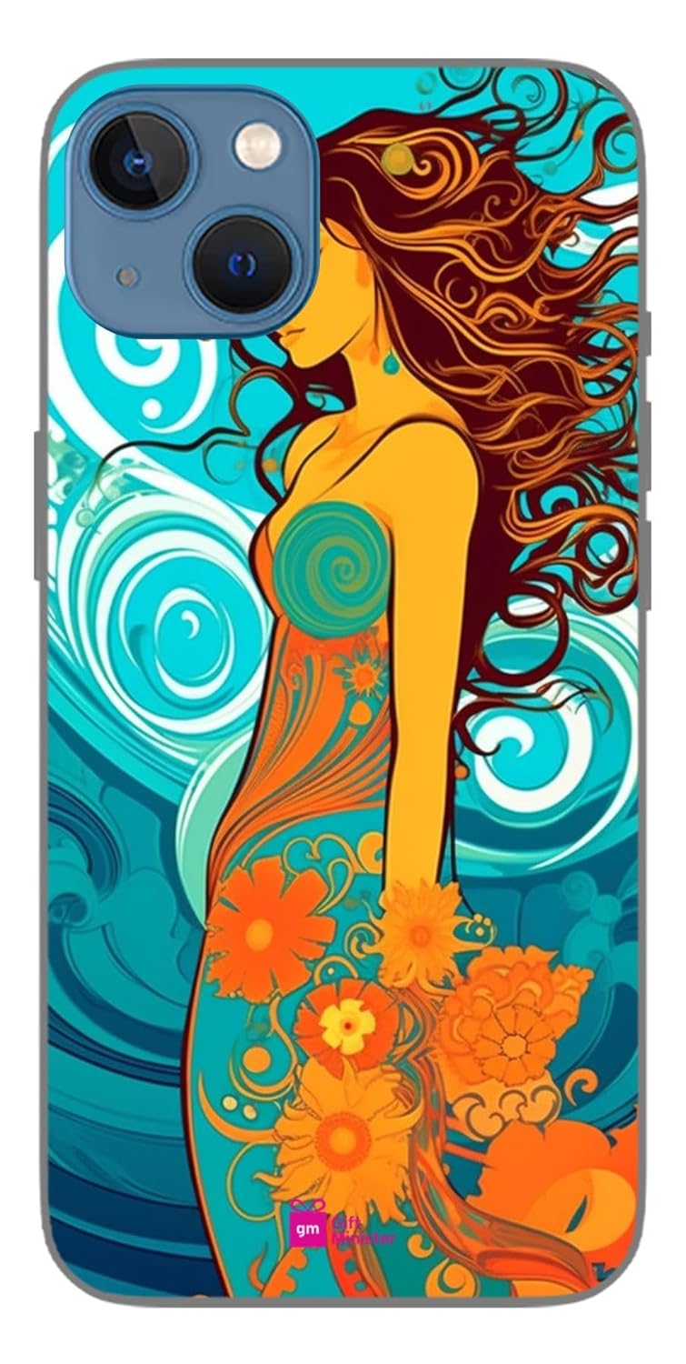 Gift Minister Plastic Designer Cover for Apple iPhone 13 Sandy Brownback – Cartoonish Moroccan Model Girl Bright Marble Pattern Underwater Water Theme Doodle Anti-Slip Flexible Clear 1Pcs 1696H