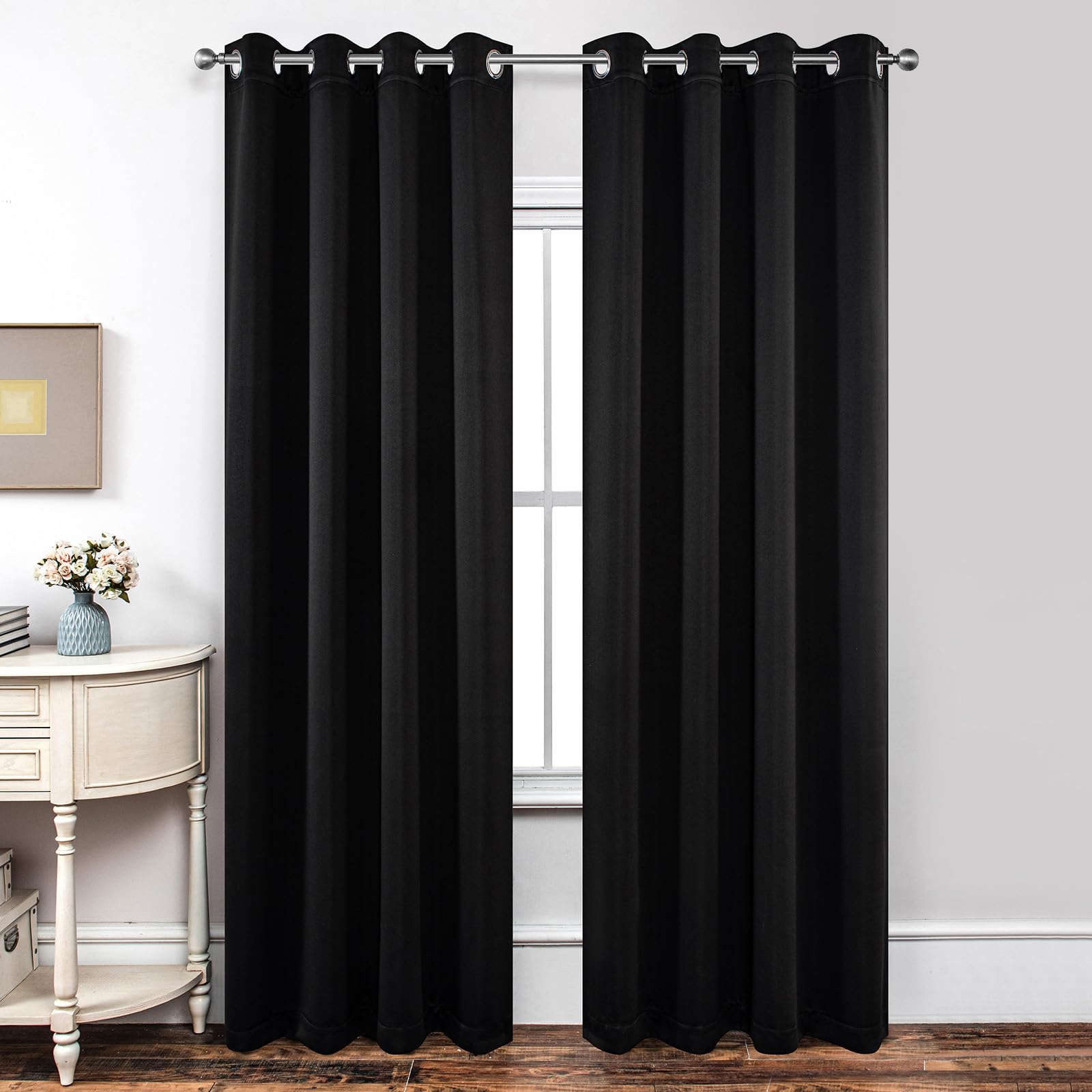 Joydeco Blackout Curtains for Bedroom 66 x 90 Inch, Eyelet Thermal Insulated Energy-saving Drapes for Room Darkening Light Filtering, Long Window Treatments 90 Inch Drop, 2 Panels - Black โ image 1