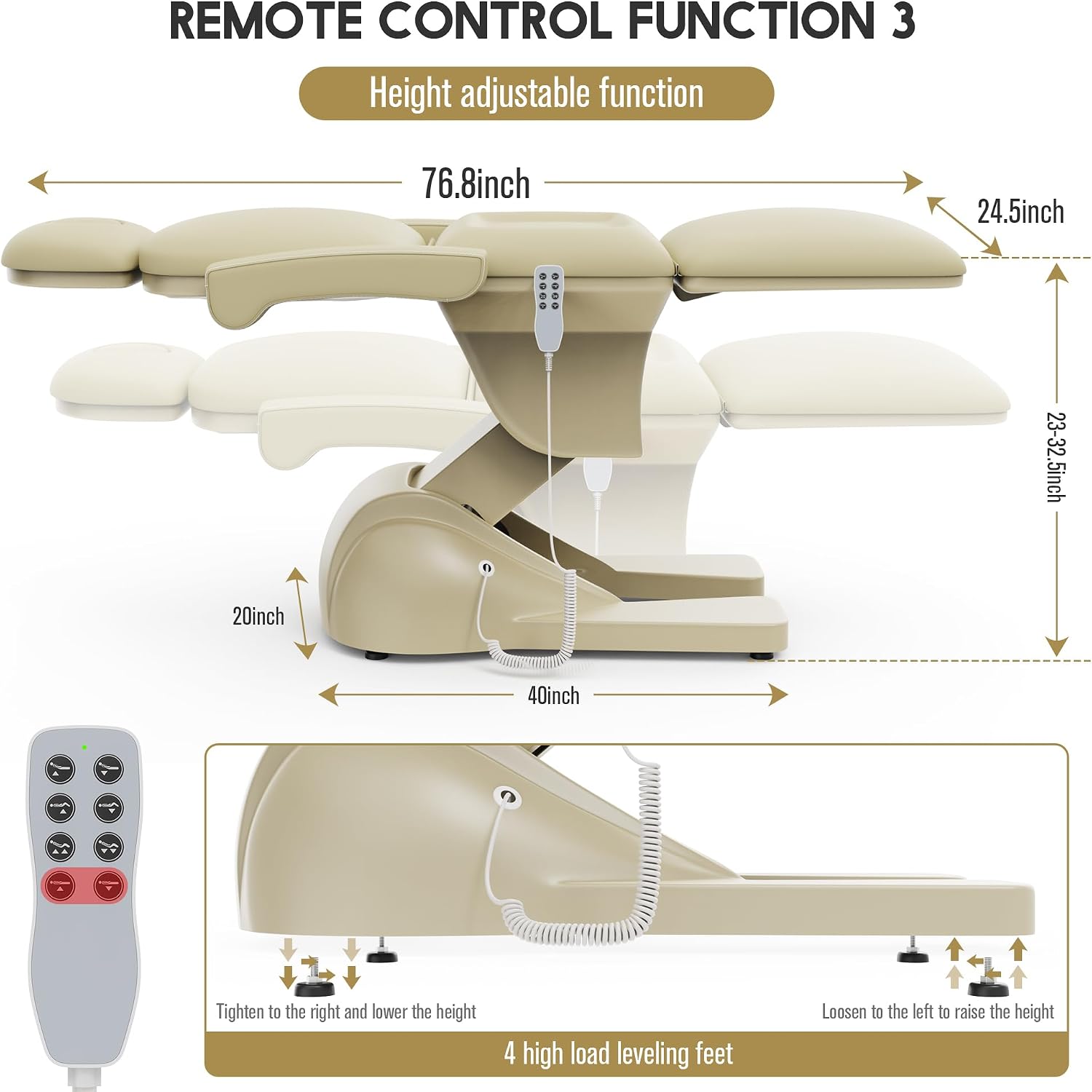 Dolonm 3 Motor Electric Chair, Hand Remote Controlled Adjustable, Hydraulic System for Medical Treatment Exam, Facial, Spa, Eyelash, Tattoo, Podiatry Treatment Beauty Massage - Beige Gray