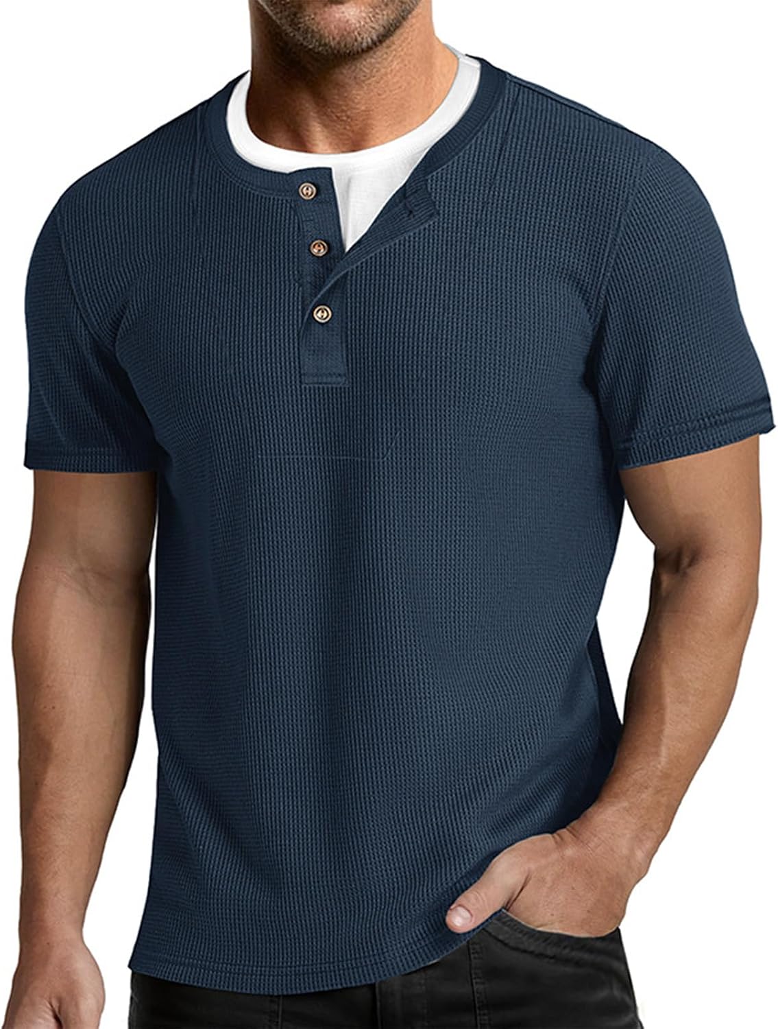 Mens T-Shirts Casual Henley Short Sleeve Fake Two Piece Waffle Button Shirt Summer Business Clothes Youth Top