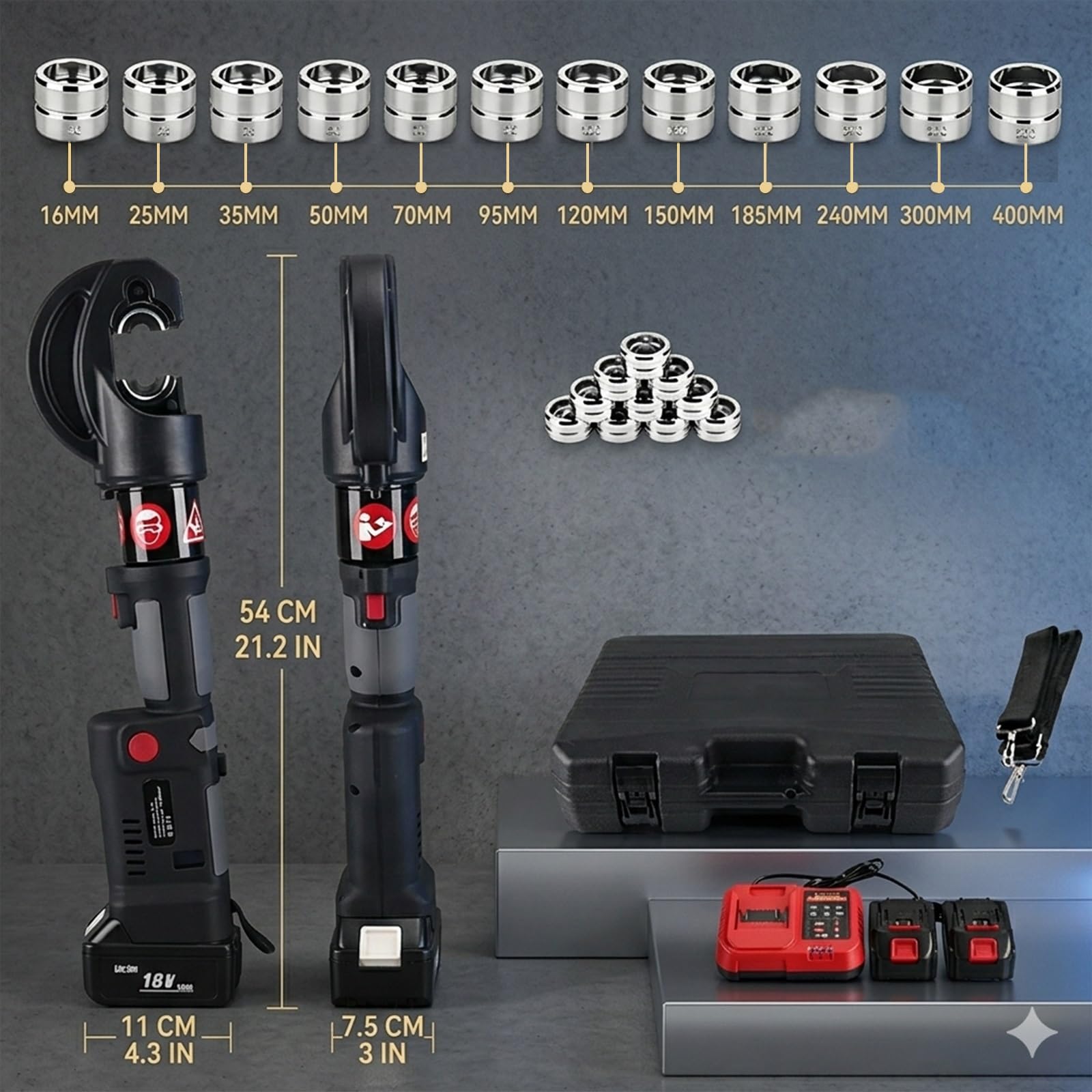 Elektryczny zestaw narzędzi do zaciskania kabli hydraulicznych – 12 matryc (6–400 mm²) zaciskarka zasilana baterią 120 kN do przewodów miedzianych i aluminiowych