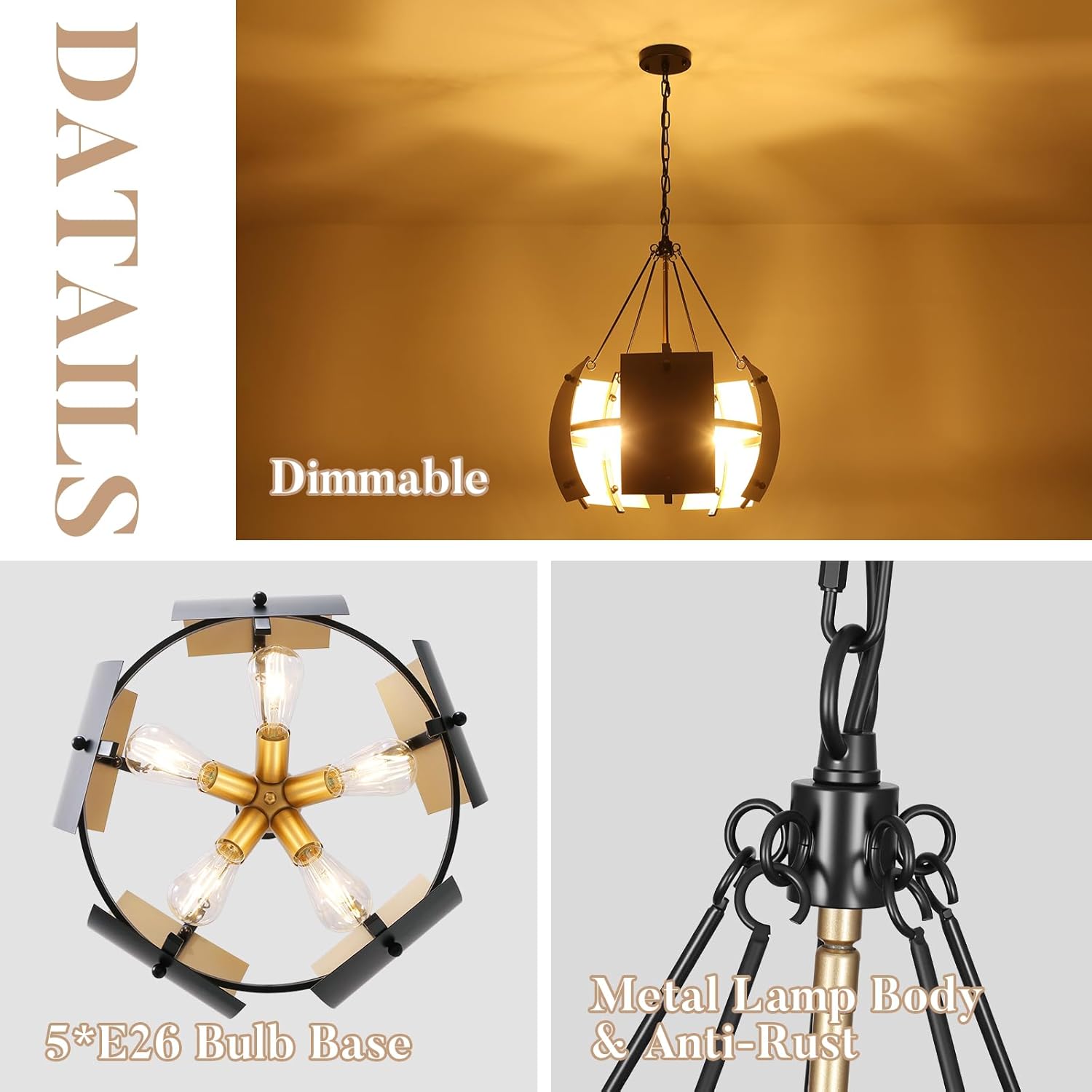 19.1" Black and Gold Chandeliers for Dining Room，5-Light Modern Industrial Light Fixture,Adjustable Hanging Drum Chandelier for Kitchen Island Hallway Entryway Foyer