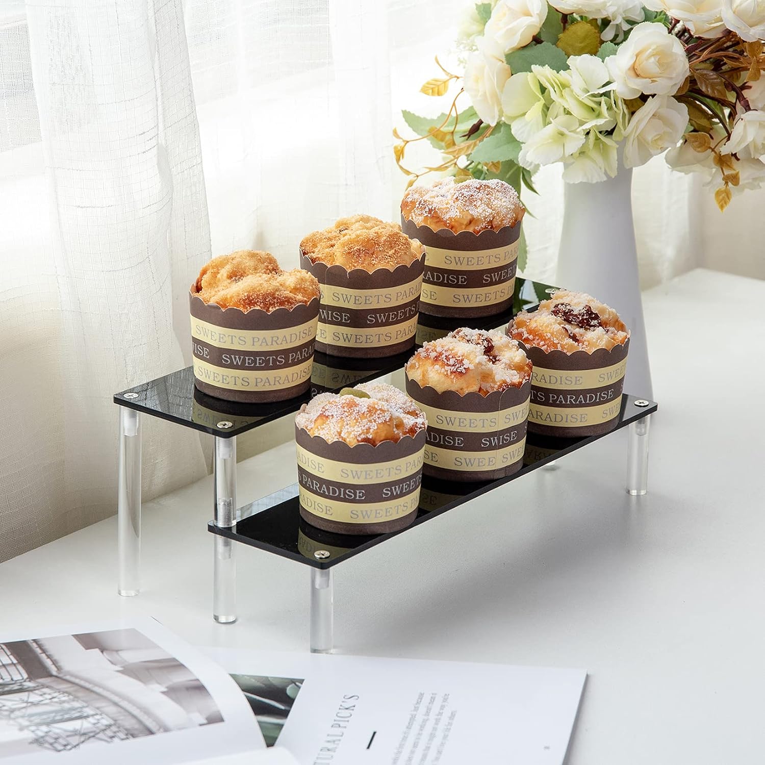 2 Tier Black Acrylic Display Riser Cupcake Stand Display Shelf for Decoration, Makeup