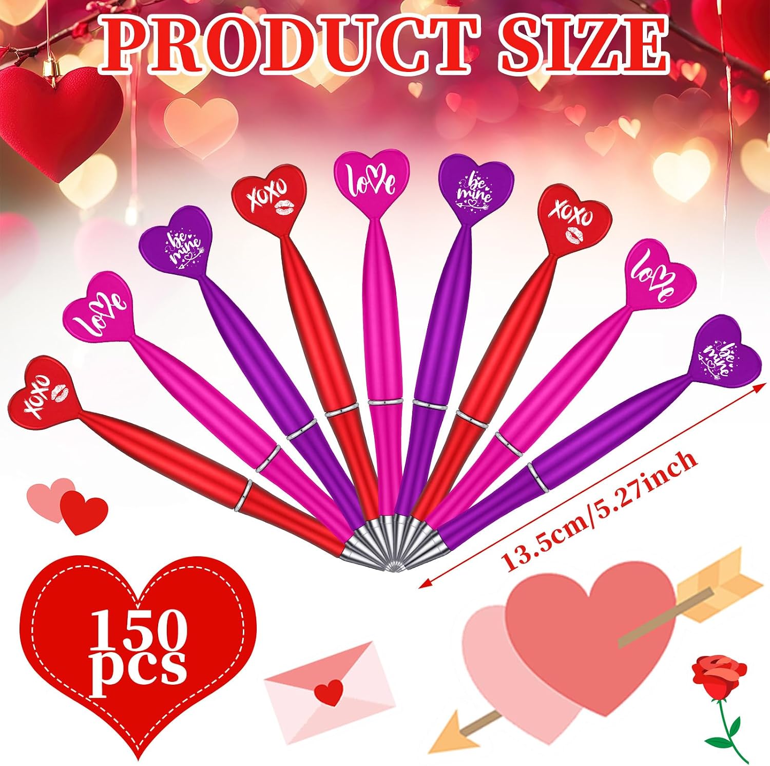Cholemy 150 Pcs Valentine's Day Heart Shaped Pens Bulk Red Pink Purple Heart Ballpoint 1.0 mm Black Ink Retractable Pens Love Be Mine Valentines Gift for Holiday Party Favor Office Supplies