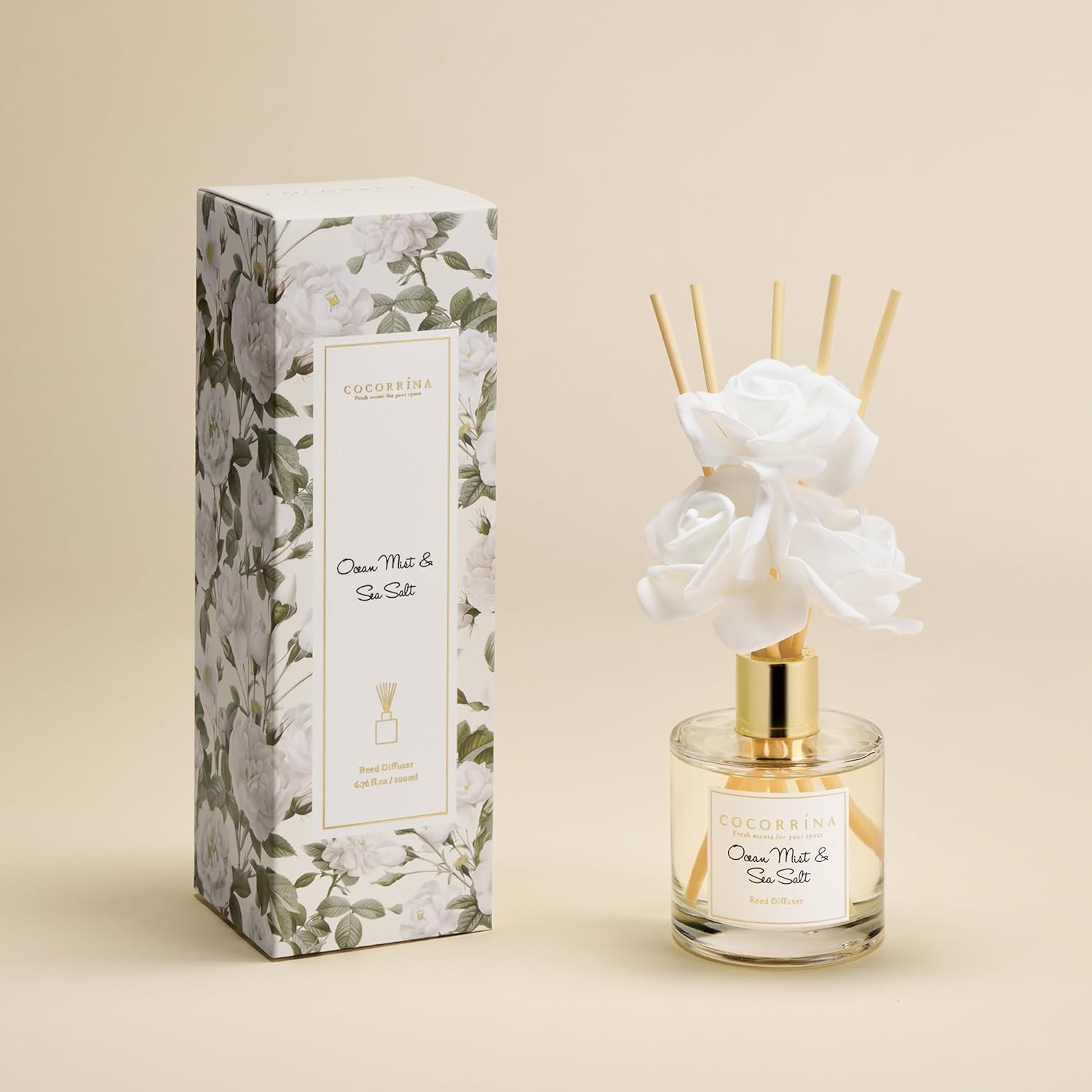 Cocorrína Reed Diffuser Set,6.7oz (200ml) Ocean Mist & Sea Salt Scented Diffuser with 3 White Rose Foam Flowers & Cotton Sticks, Home Fragrance Reed Diffuser for Bathroom Shelf Decor - Image 5