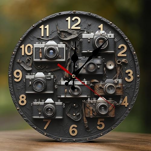 Miniatura 1 de Reloj de pared para decoración del hogar, reloj de pared decorativo retro con cámara, funciona con pilas, silencioso, sin tictac, para dormitorio,