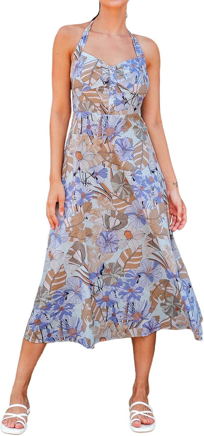 Floral Print Halter Backless Dress 