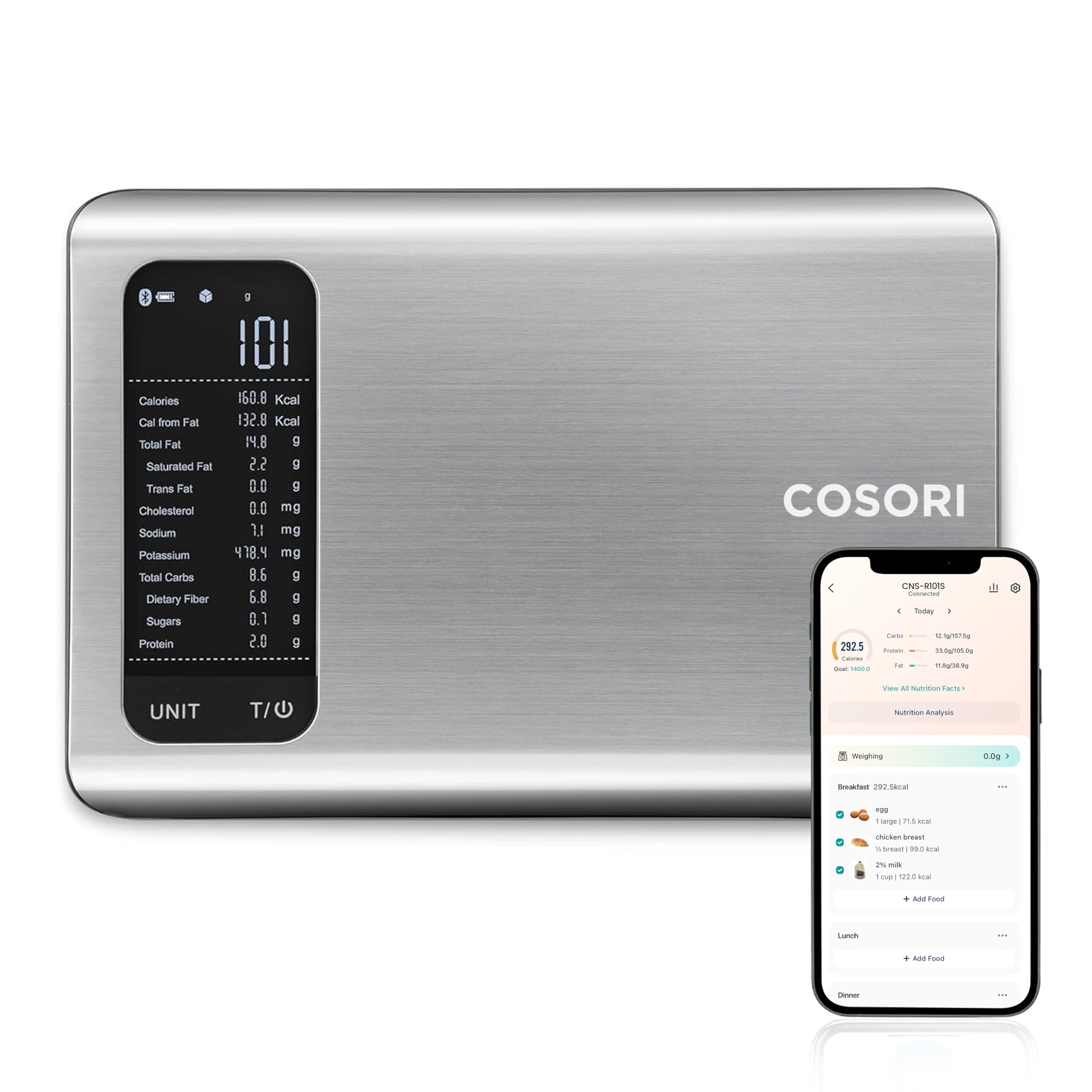 COSORI Smart Kitchen Scales Food with Nutritional Calculator, Nutrition Scale with 19 Nutrients Tracking, Calorie Counting for Weight Loss&Fitness, Free App&Bluetooth, Premium Stainless Steel, SilverCOSORI Smart Kitchen Scales Food with Nutritio…