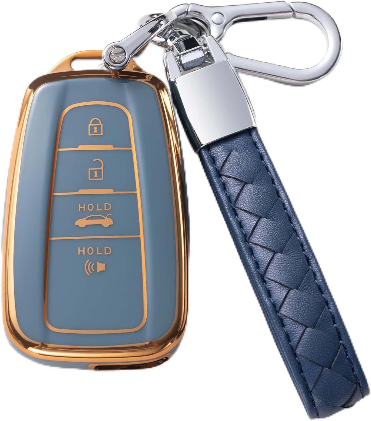 for for Toyota Camry Key Fob Cover with Leather Lanyard, Car Key Case Shell Protection for 2018-2022 Camry RAV4 Highlander 3/4 Button Smart Remote Control Protector, Blue