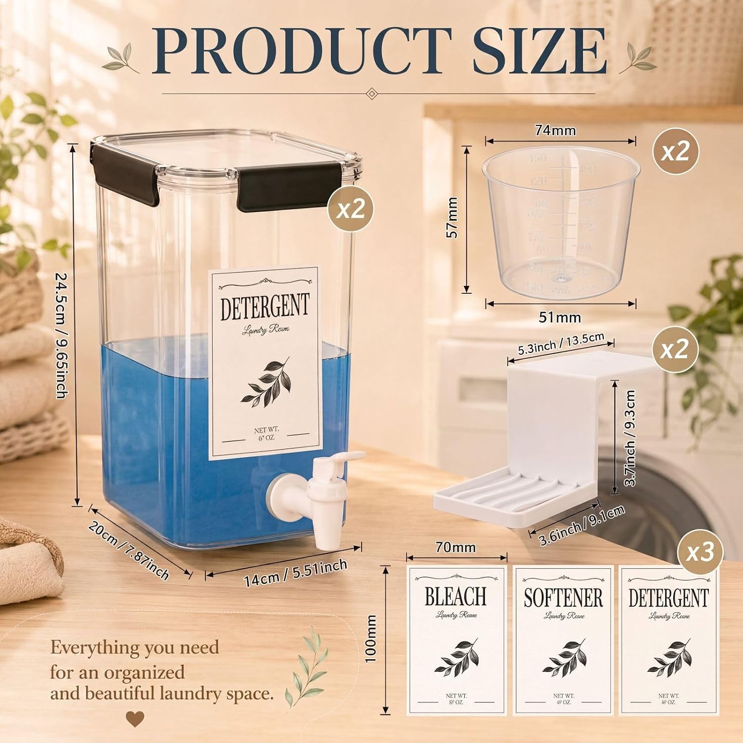 Soaoo 2 Pcs Laundry Detergent Dispenser 87 oz Liquid Soap Dispenser with Faucet for Laundry Room 2 Liquid Detergent Holder with Labels and 2 Measuring Cup Fabric Softener Container image 2