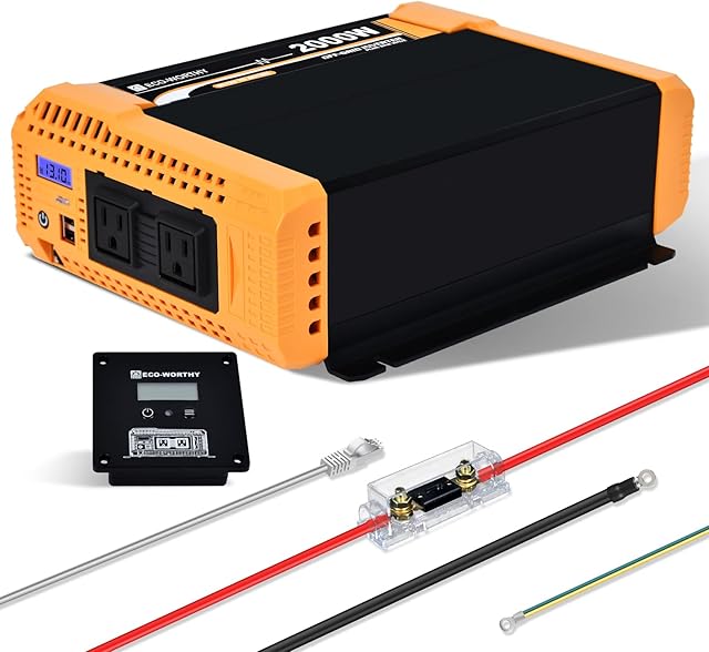 ECO-WORTHY 2000W Pure Sine Wave Solar Inverter, 12V DC to 120V AC, Built-in Dual 18W USB Port, 2 x AC Outlets, 1 x Hardwire Terminal, 1 x 200A Fuse, Remote Controller for RV
