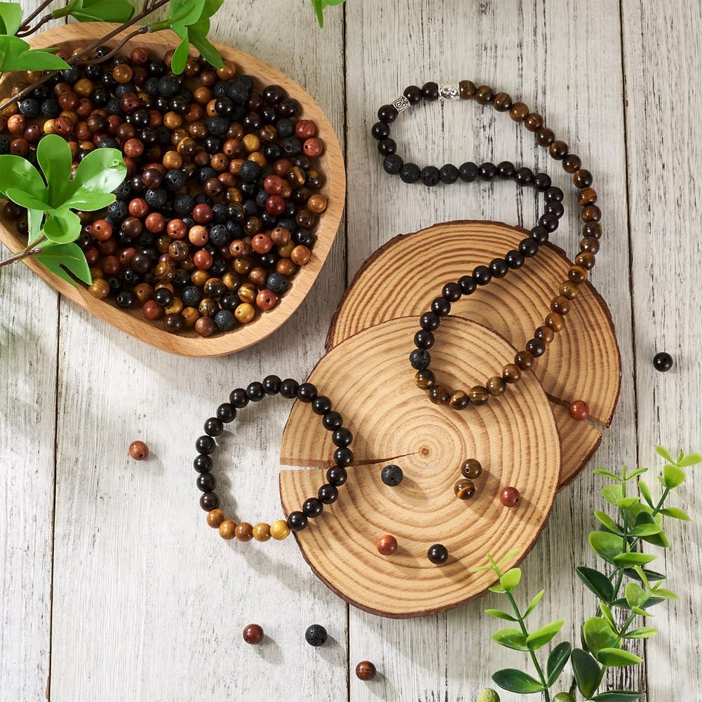 KISSITTY 300Pcs 6 Style Natural Wood Round Gemstone Beads Kit for Easter 8mm Lava Rock Bead & Grade AB Tiger Eye Wood Bead Natural Polished Wooden Ball Loose Beads for Men Bracelet Jewelry Making - Image 2