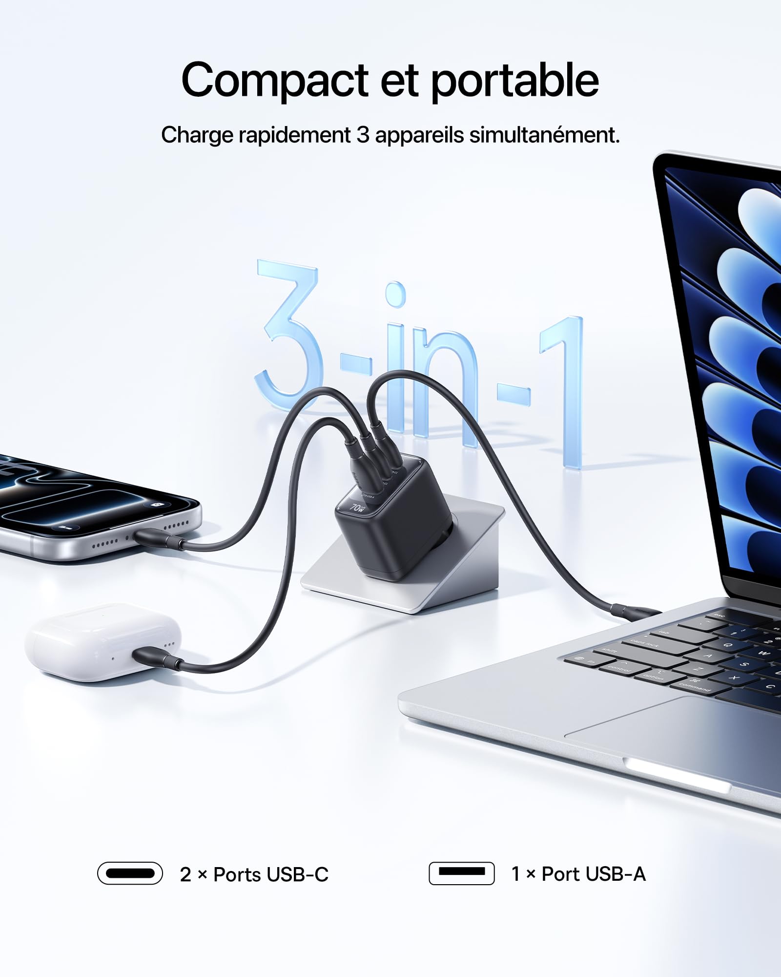 Baseus Enerfill Lot de 2 chargeurs USB C 70 W GaN6 à 3 Ports - Bloc d'alimentation Compact pour MacBook Air, iPhone 17/16/15 Pro Max, iPad Pro, Galaxy S25/S24, Pixel, Ordinateur Portable et Plus