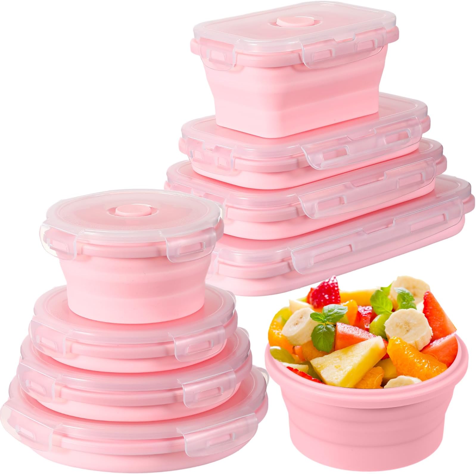 Karenhi 8 Pack Collapsible Silicone Food Storage Containers with Airtight Lids Stackable Collapsible Bowls with Lids Microwave and Dishwasher Safe(Pink)