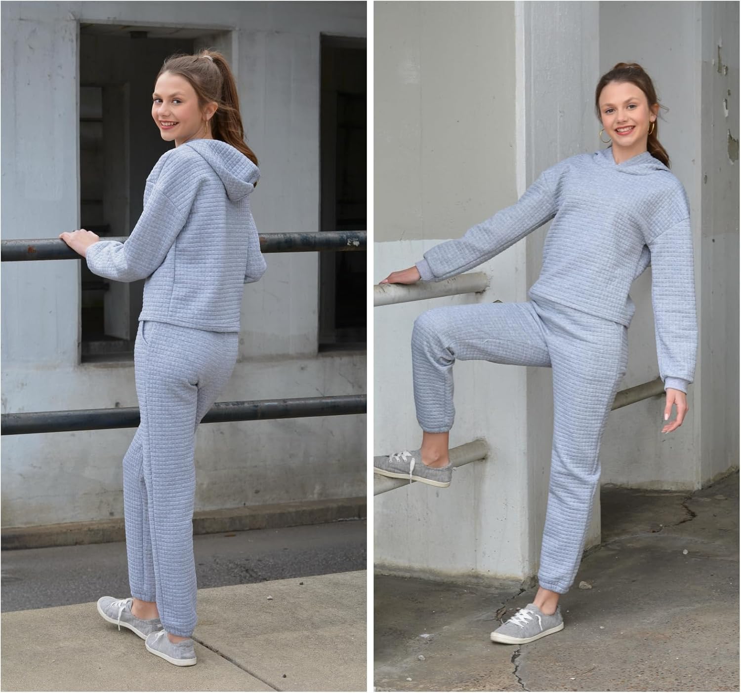 Arshiner Girls 2 Piece Outfit Waffle Knit Pullover Hooded Sweatshirt and Sweatpants Clothing Sets Long Sleeve Tracksuits - Image 5