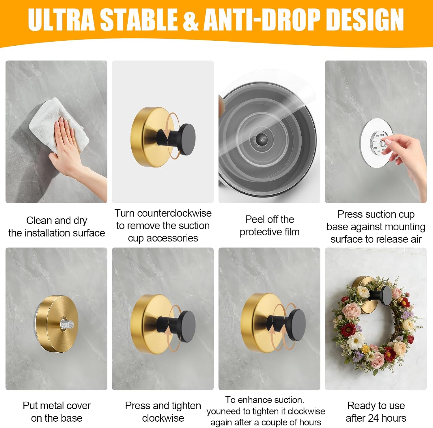 2026 Upgraded Heavy Duty Suction Cup Hooks for Shower, No Drill Stainless Steel Bathroom Towel Hooks, Brushed Black and Gold, Removable Bath Robe Loofah Hanger, 4 Pack