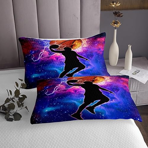 Miniatura 4 de Juego de edredón de baloncesto para niños, juego de edredón de juegos deportivos, tamaño individual, juego de colcha de cielo estrellado de galaxia