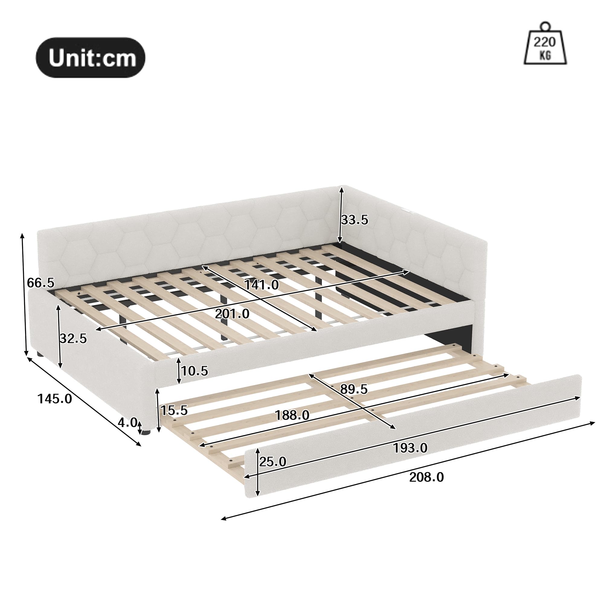 Letto Tessile 140x200cm con Sommier a doghe stabili e Struttura Letto Matrimoniale fissa divano letto estensibile secondo letto estraibile schienale geometrico vlies Bianco