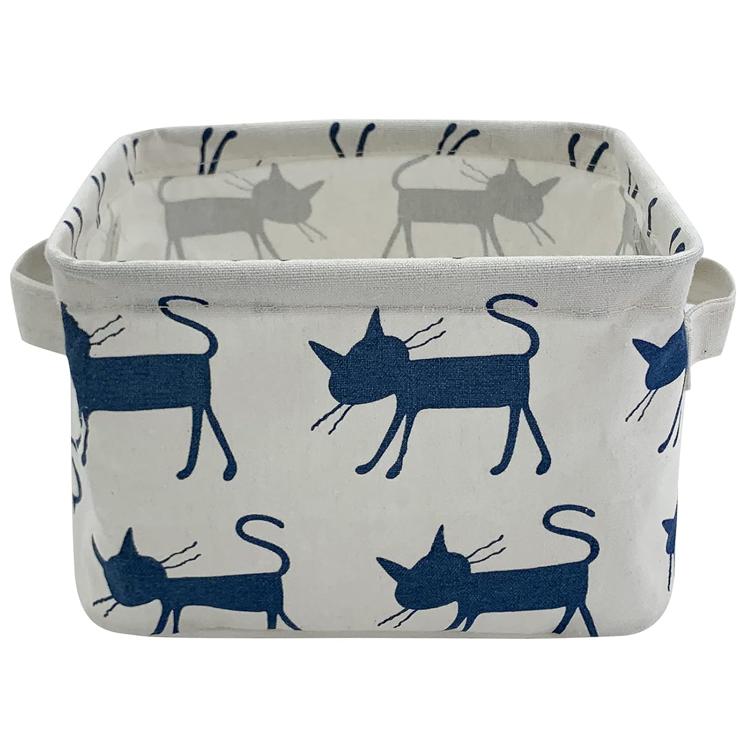 Mziart Small Foldable Canvas Storage Basket with Handles, Cotton Linen Storage Bin Organizer for Nursery Kids Shelves & Desks (Blue Cat)