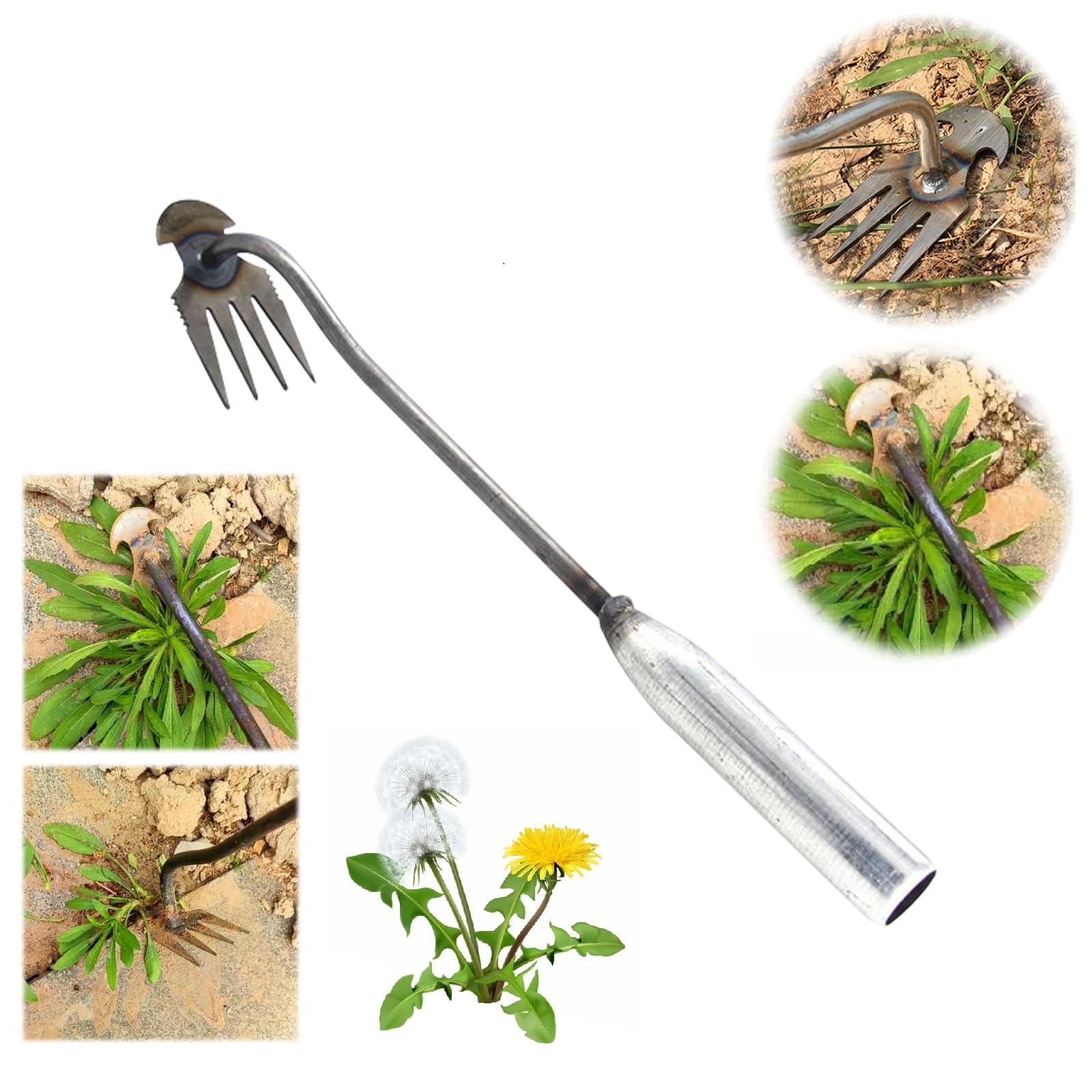 Garden Weeding Tools, 2023 New Weeding Artifact Uprooting Weeding Tool, Stainless Premium Manganese Steel Forged Weed Puller 4 Teeth Dual Purpose Weeder, Long Handle Hand Weeder Tool (13.7in- Steel)