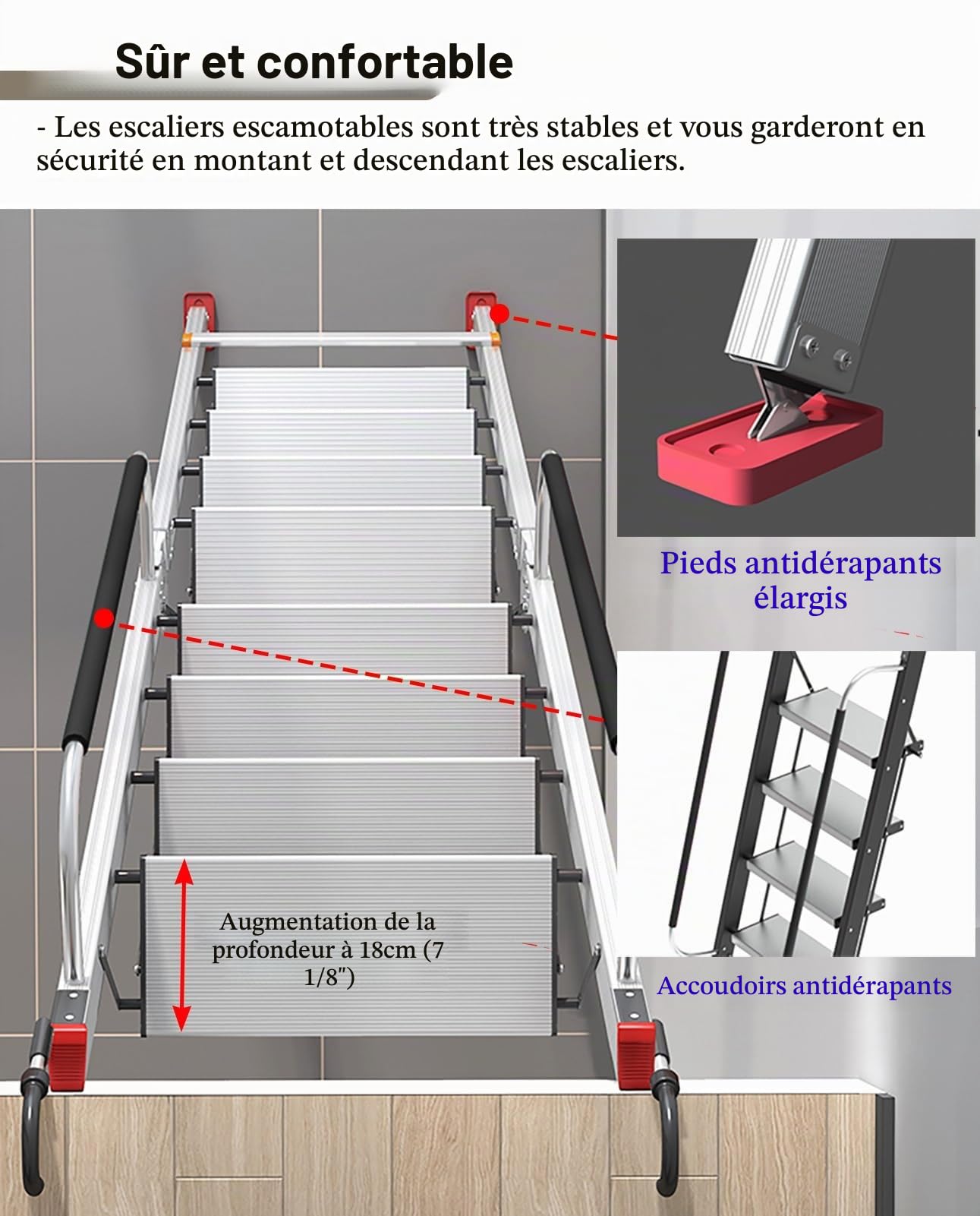 Echelle de Grenier Échelle en Métal Noir pour Grenier, Échelle de Sortie de Grenier Pliable avec Poignées et Crochets de Sécurité, Escalier de Grenier en Aluminium, Monter les Escaliers Facilement(10