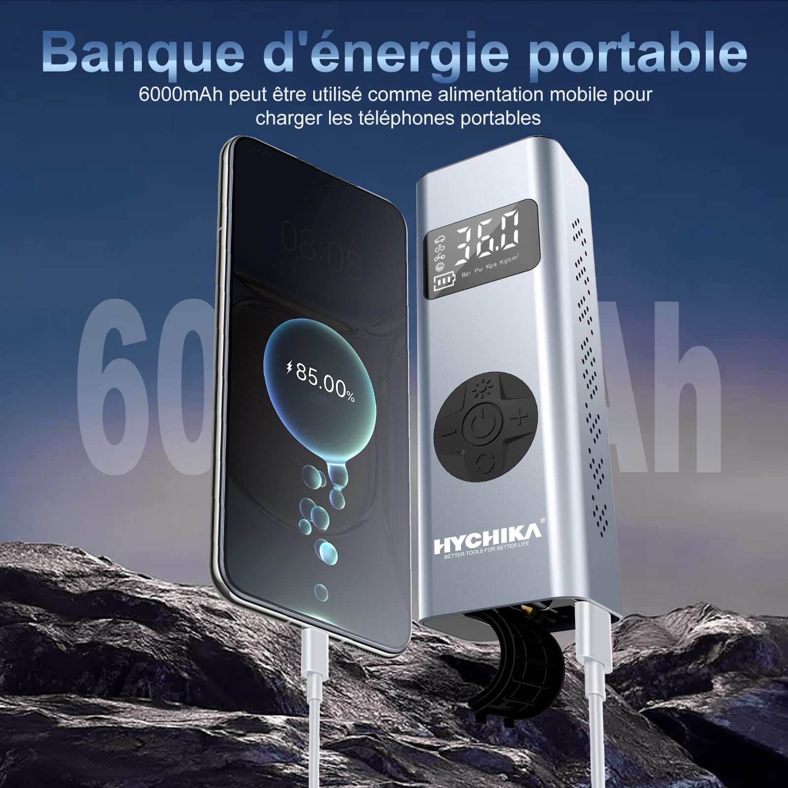 HYCHIKA Mini Compresseur à Air Portatif, 12V 6000mAh Gonfleur Pneus Voiture Gonfleur Electrique Pompe a Velo 150PSI avec Écran LCD + Lampe LED, 4 Modes pour Voiture, Velo, Moto, Balle