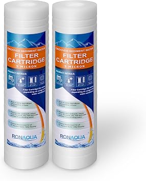 Grooved Sediment Water Filter Cartridge by Ronaqua 10"x 2.5", Four Layers of Filtration, Removes Sand, Dirt, Silt, Rust, made from Polypropylene 2 Pack, 5 Micron
