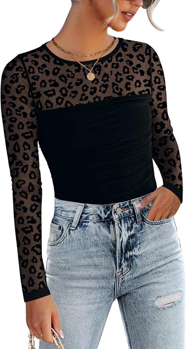 Long Sleeve Shirts for Women Sheer Mesh Sexy Blouses Fall Fashion Crewneck Going Out Tops