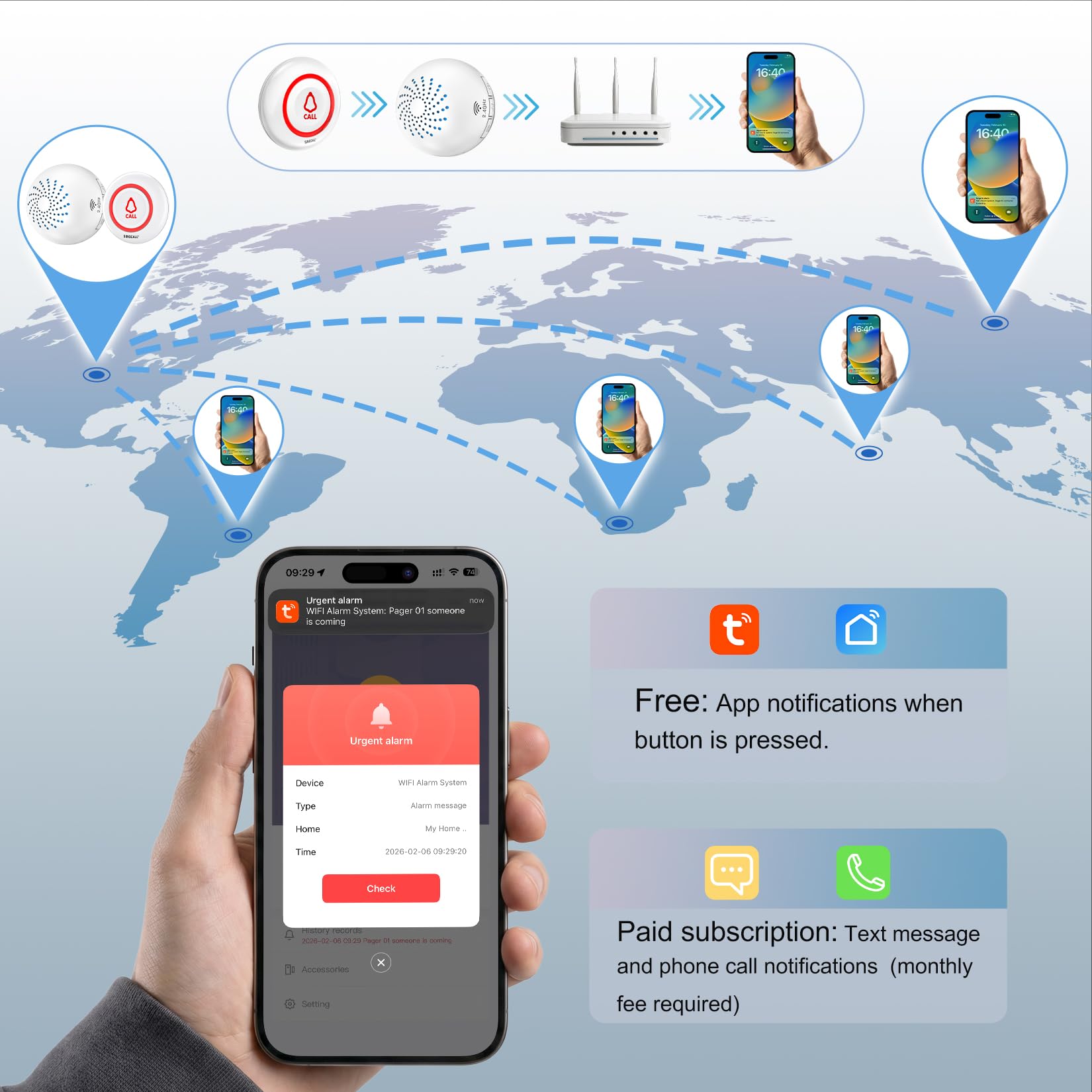 SINGCALL Tuya WiFi Drahtloses Rufsystem(Ausrüstungs-Upgrade),alarmsystem | für ältere Menschen/Patienten/Schwangere, drahtloser Anrufalarm mit großer Reichweite,1 Empfänger + 2 Ruftasten für zu Hause