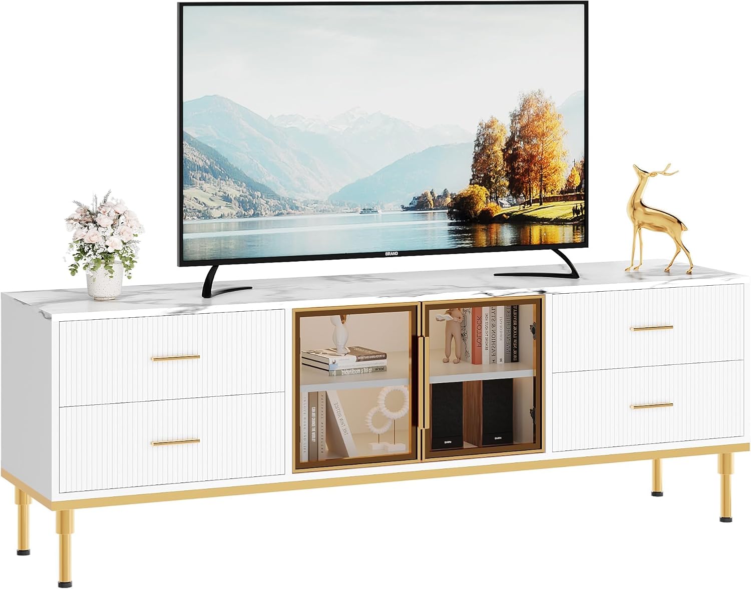 GAOMON 65" TV Stand with LED Lights, Modern Entertainment Center with Storage, Fluted Media Console with Drawers & Glass Doors, Faux Marble Tabletop TV Console for Living Room, Bedroom, White