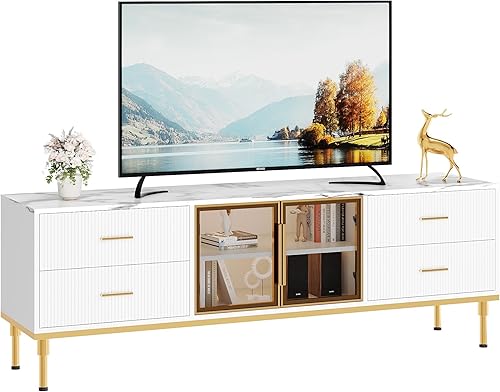 Miniatura 10 de GAOMON Soporte de TV de 65 pulgadas con luces LED, centro de entretenimiento moderno con almacenamiento, consola multimedia acanalada con cajones y